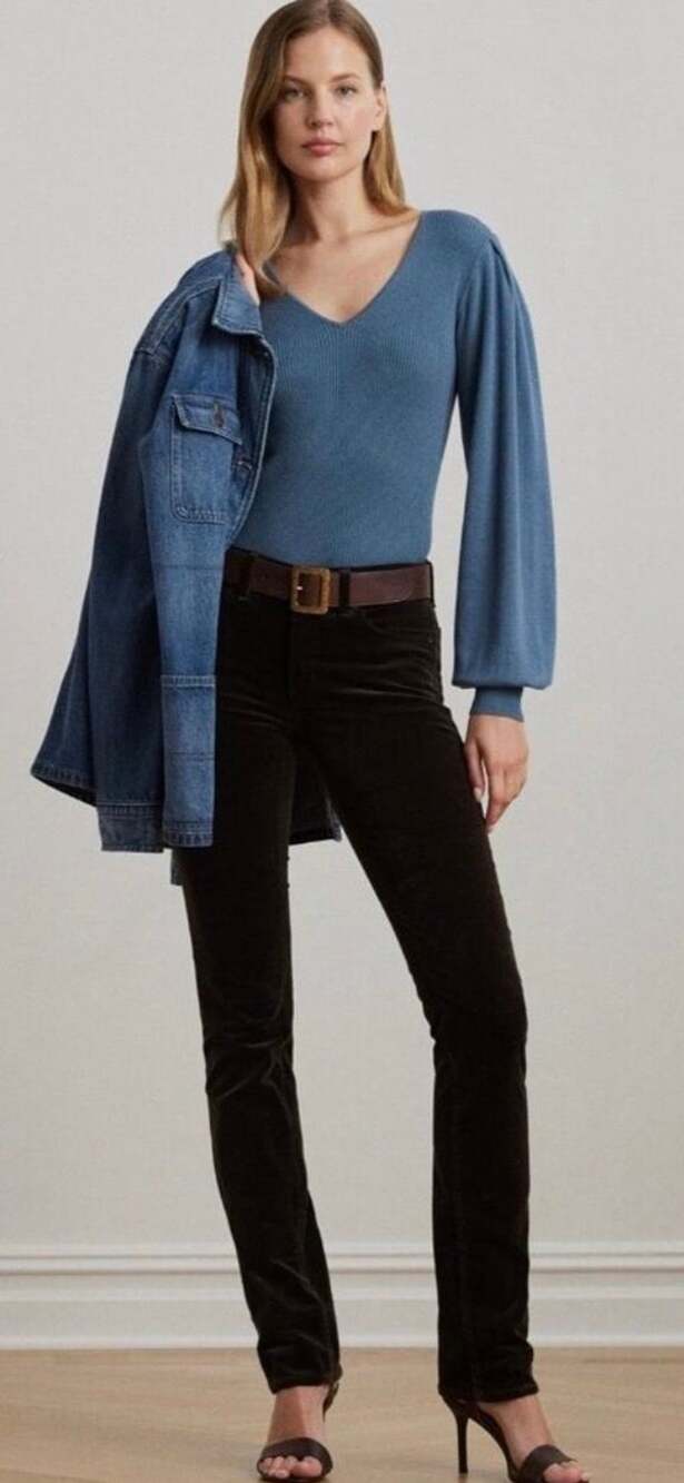 Lauren Ralph Lauren V-Neck Blouson Sleeve Sweater Large Blue Dusk